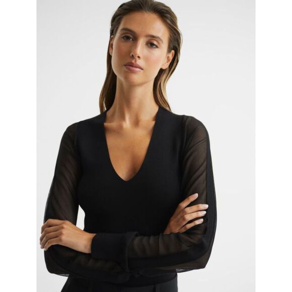 EUC Reiss Sophie Black Knit Top Medium Sheer Mesh Sleeve Pullover Sweater Chic - Picture 14 of 16
